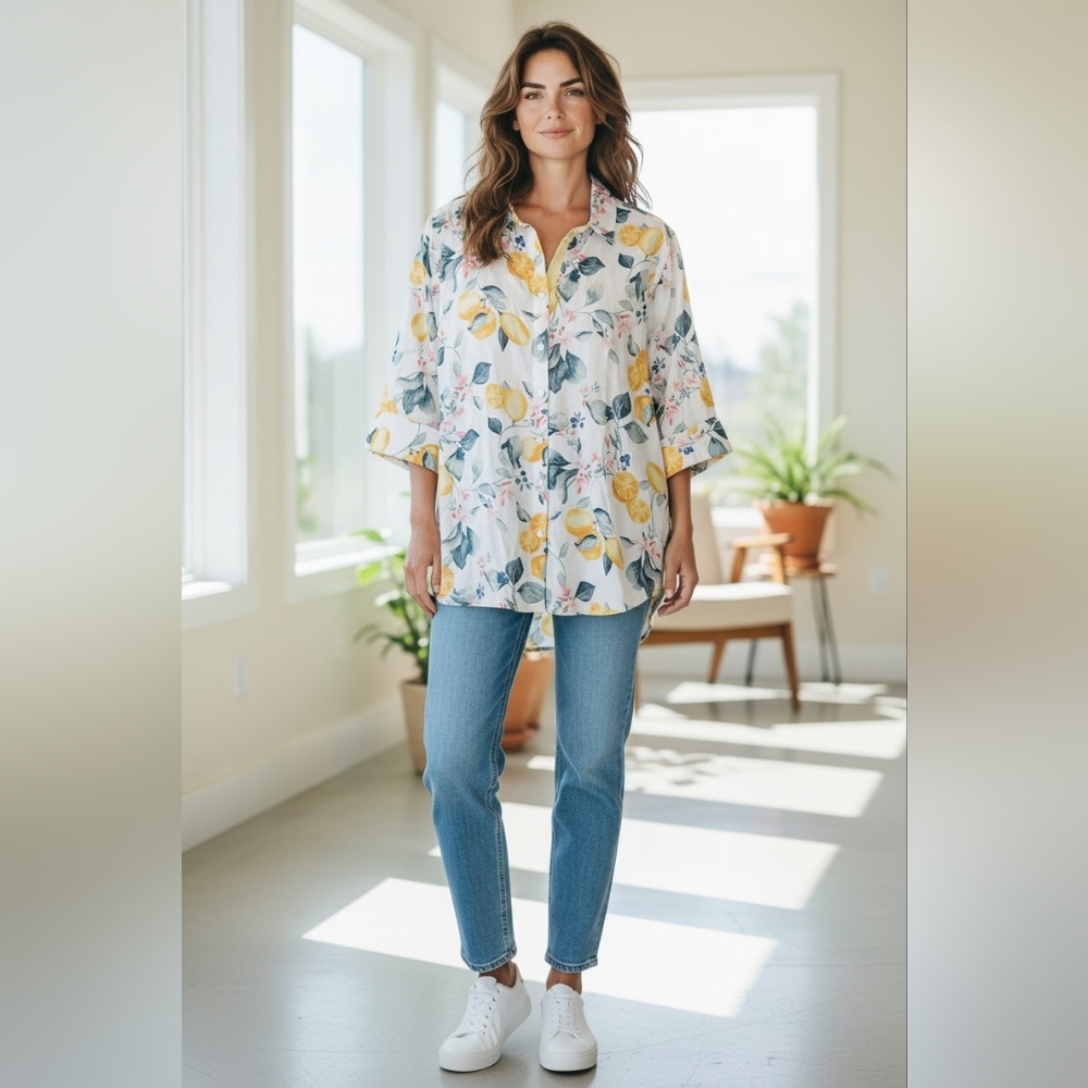 Chico's 3 Multicolor Floral Fruit Linen Button Down Top Sz 16 XL New WT97